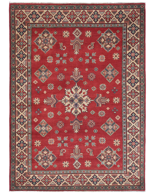 5x7 Red Kuba Afghan Hand Knotted Wool Area Rug